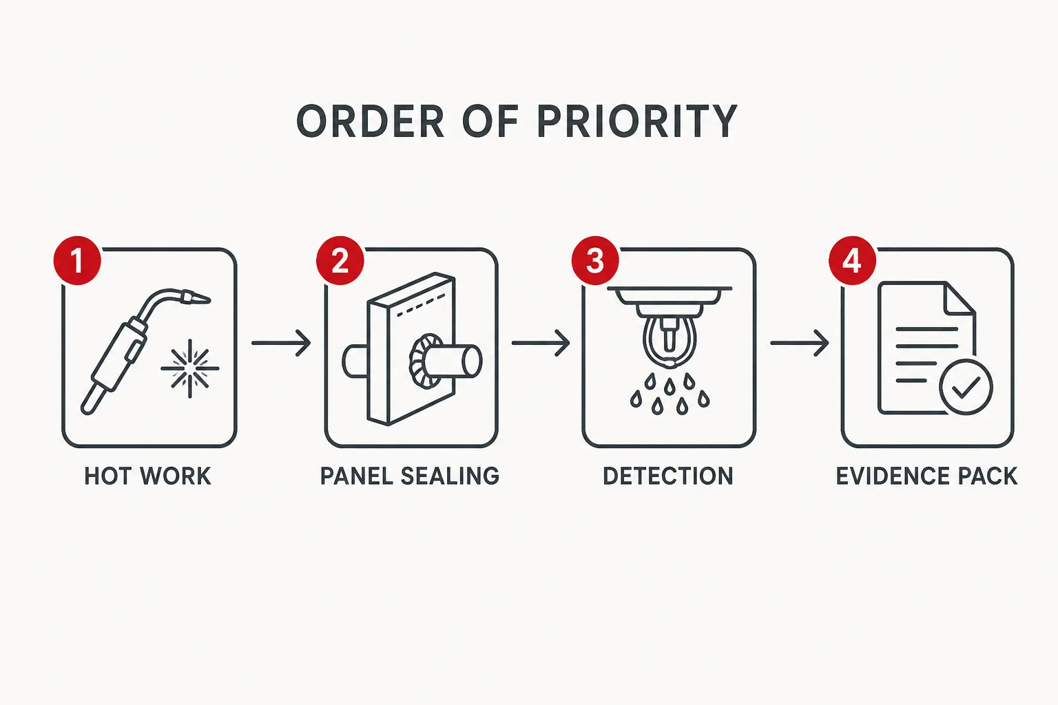 Four priority stages of EPS fire risk control, from hot work to evidence